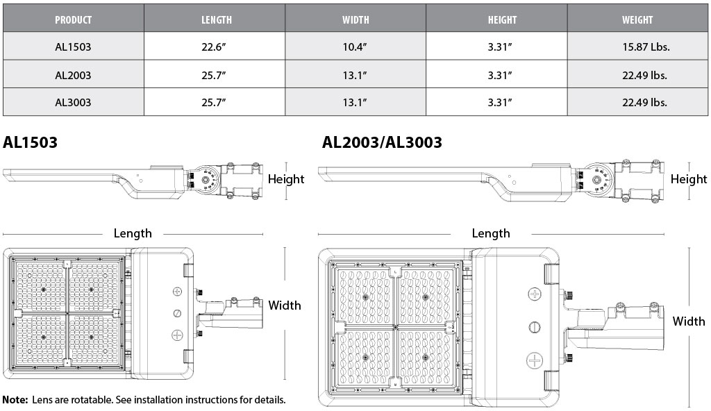 Three options for the area lights showing weights and dimensions.
