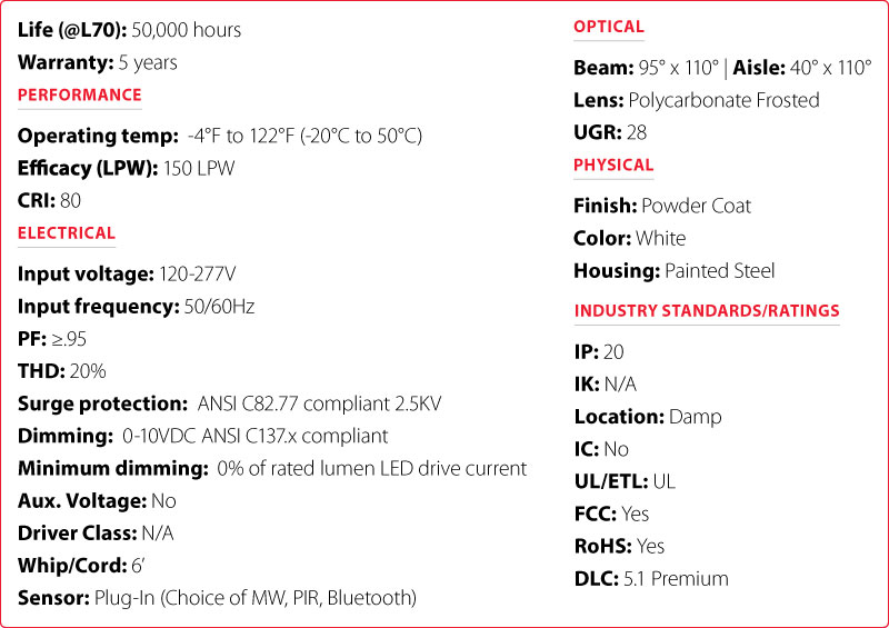 Table showing the technical specifications for the LED Linear High Bay Generation 4 line of fixtures.
