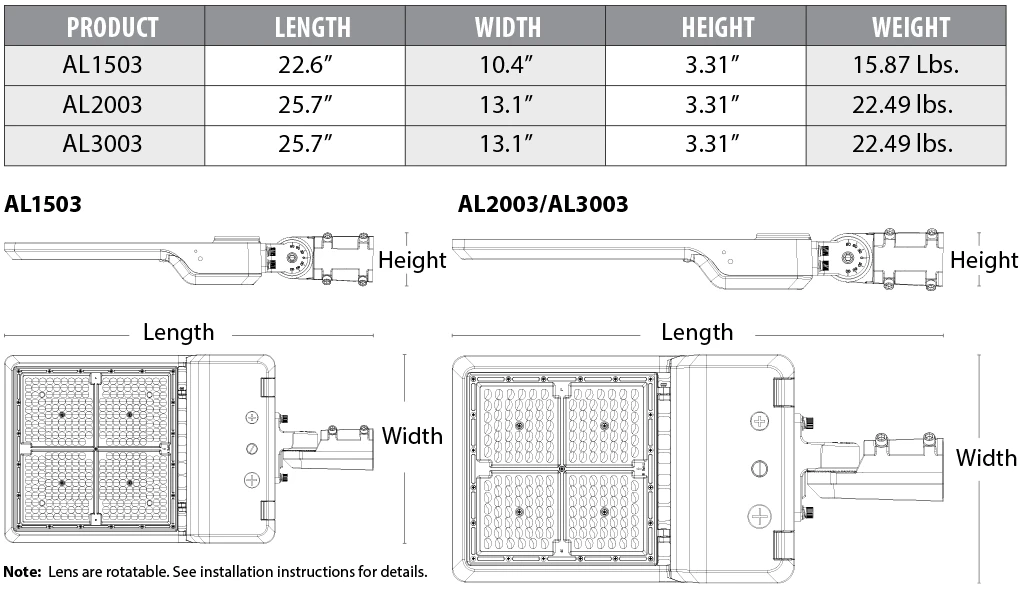 Three options for the LED area lights showing weights and dimensions.