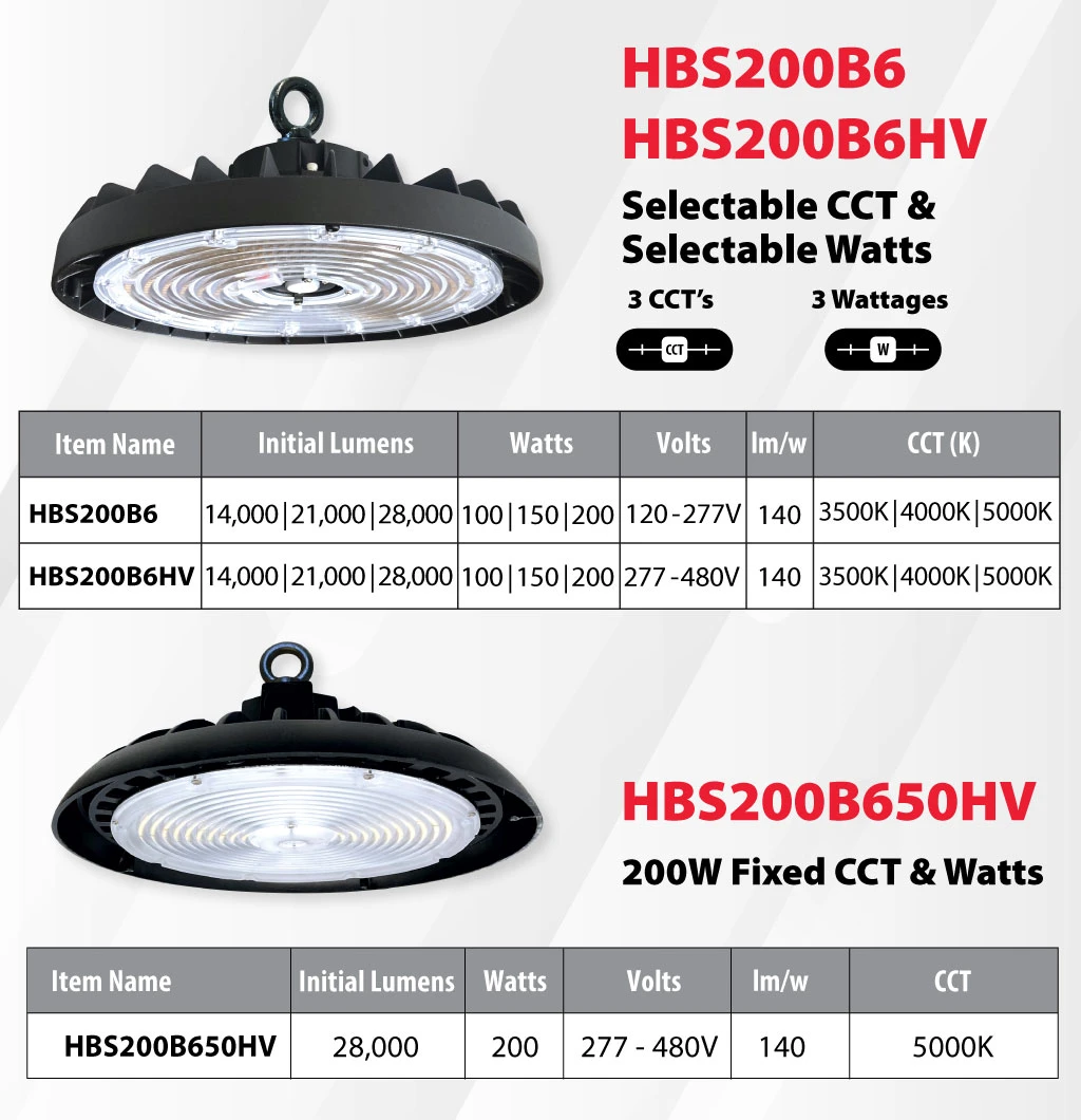LED Round High Bay SL, HBS200B6, HBS200B6HV,Selectable CCT & Selectable Watts. HBS200B650HV 200W Fixed CCT and Watts.